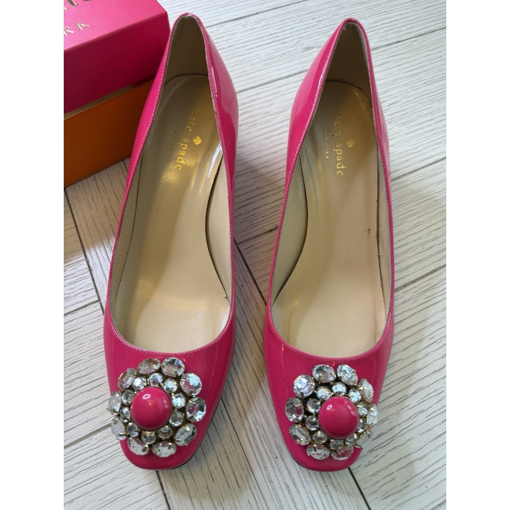 Kate Spade Decadent Lipstick Pink Patent Leather  2" Block Heel Shoe Jeweled 7.5